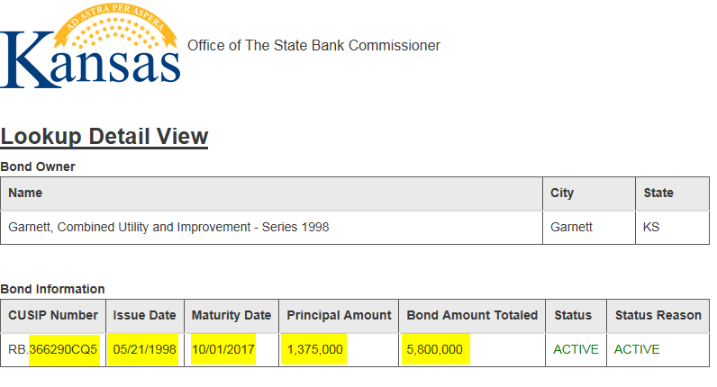 Revenue Bond Lookup - Detail View